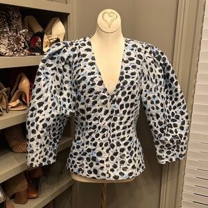 GANNI Puff Sleeve Leopard Jacquard V-Neck Top - Light Blue & Black